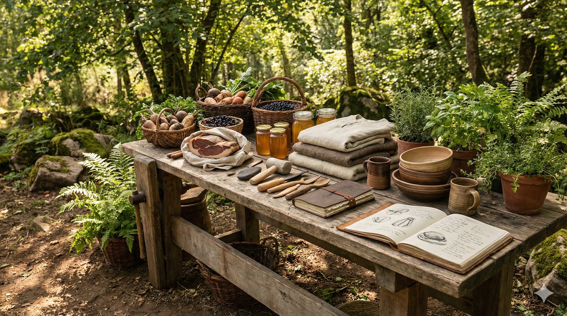 People living in harmony with nature - working with soil, traditional crafts, and sustainable practices