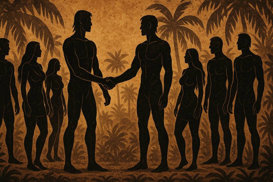 Silhouettes of a tribe sealing a pact with a handshake among palm trees