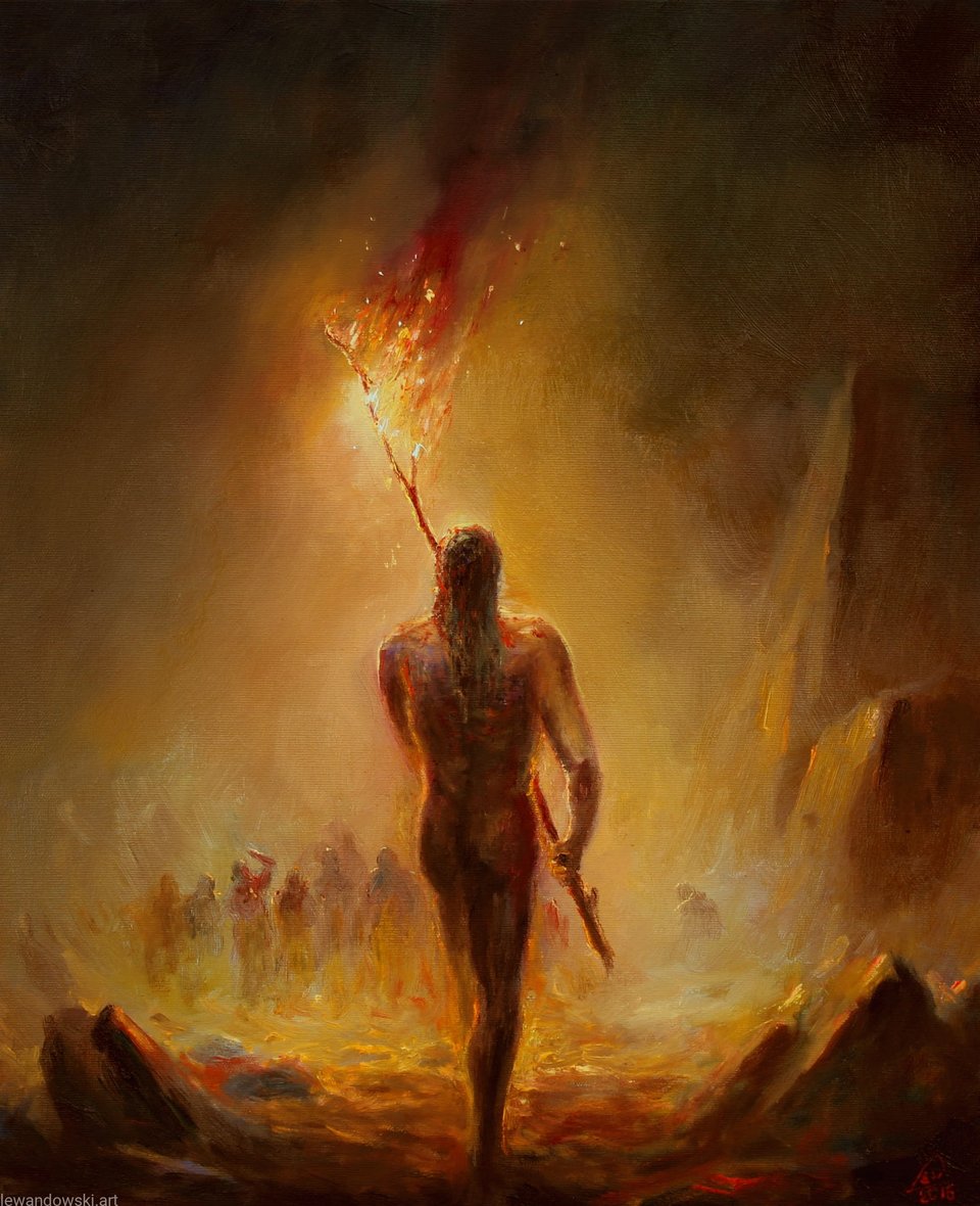 Painting of a torchbearer walking away from a crowd of shadow figures toward a rising flame